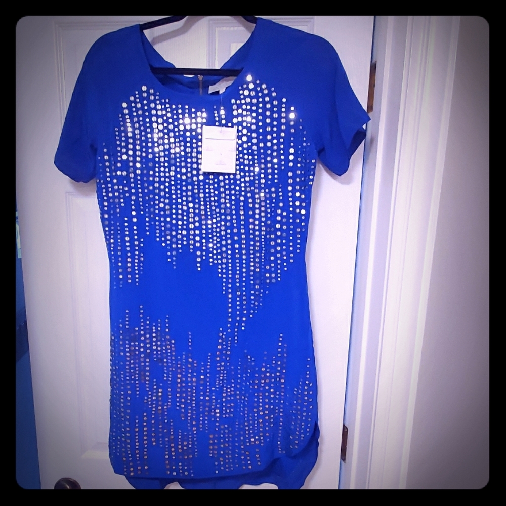 Madison Marcus satin sequin hi low dress s new